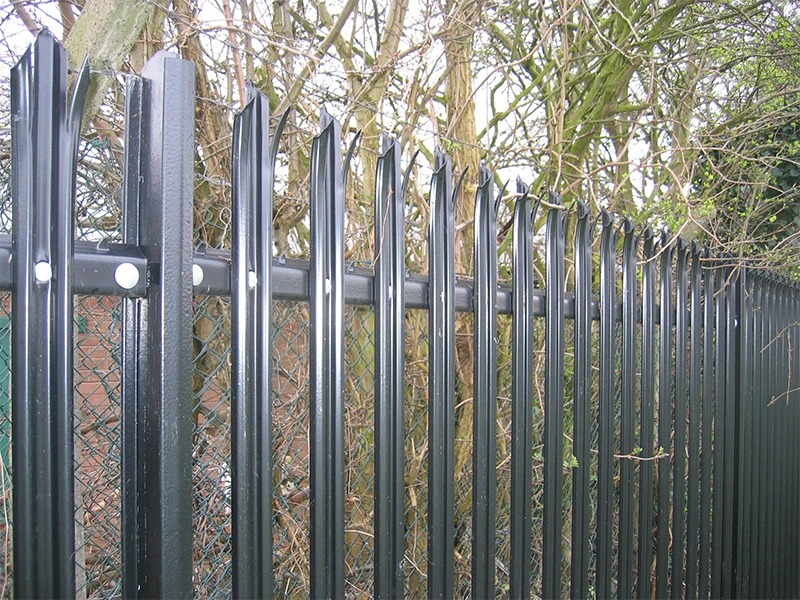 Steel palisade pales and rails connected to a black post