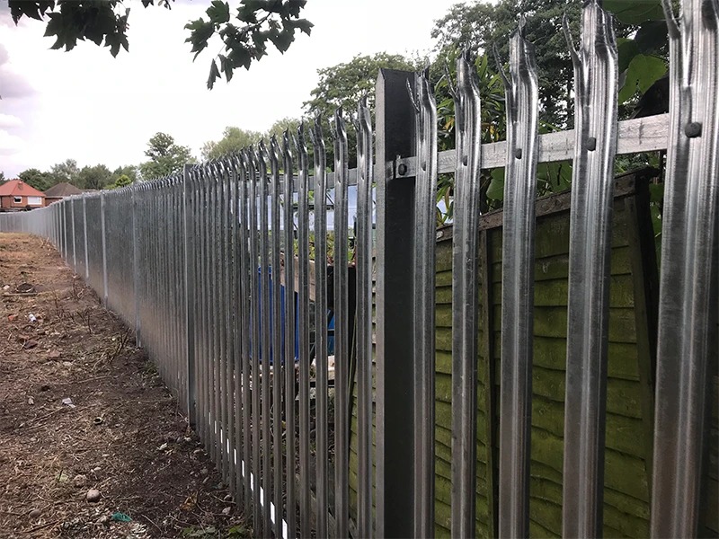 Galvanised steel palisade fence showing pales, rails and posts